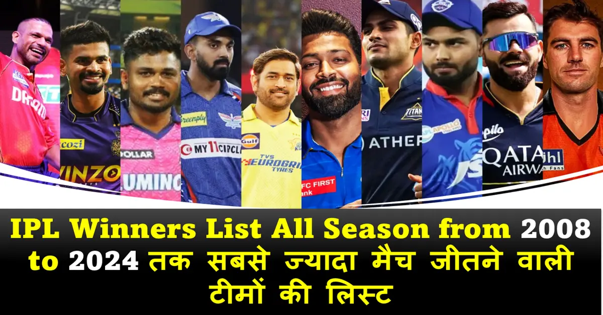 IPL Winners List All Season from 2008 to 2024 तक सबसे ज्यादा मैच जीतने वाली टीमों की लिस्ट